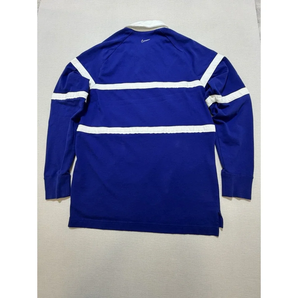 Nike Swoosh Rugby Shirt Mens M Blue White Striped Long Sleeve Polo CV0169-455